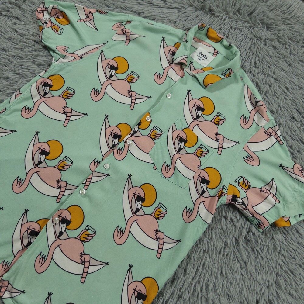 Duvin Shirt Large Green Pink Button Up Rayon Flamingo Tropical Beach Mens